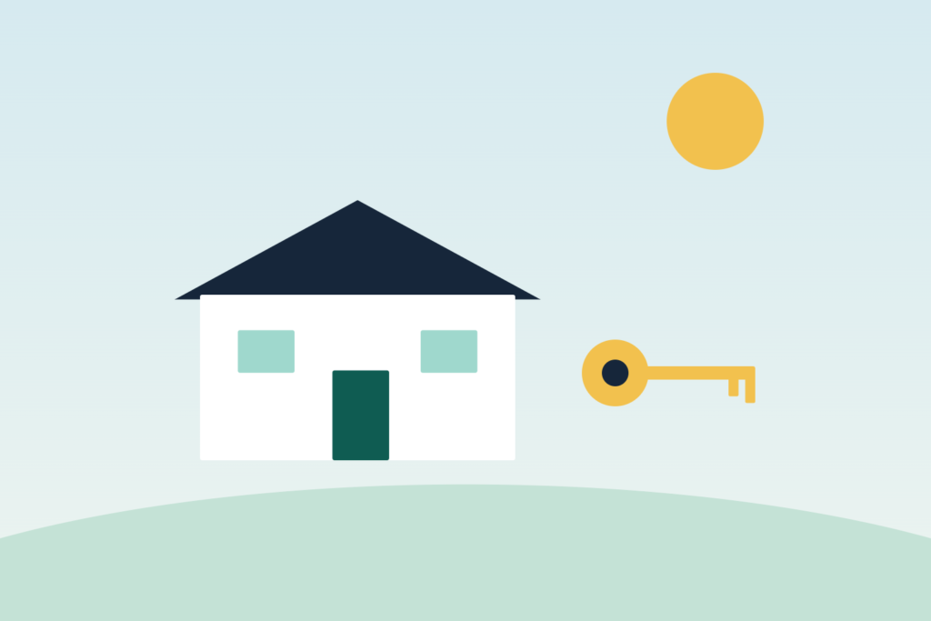 Illustration of a house and a key representing buying a first home