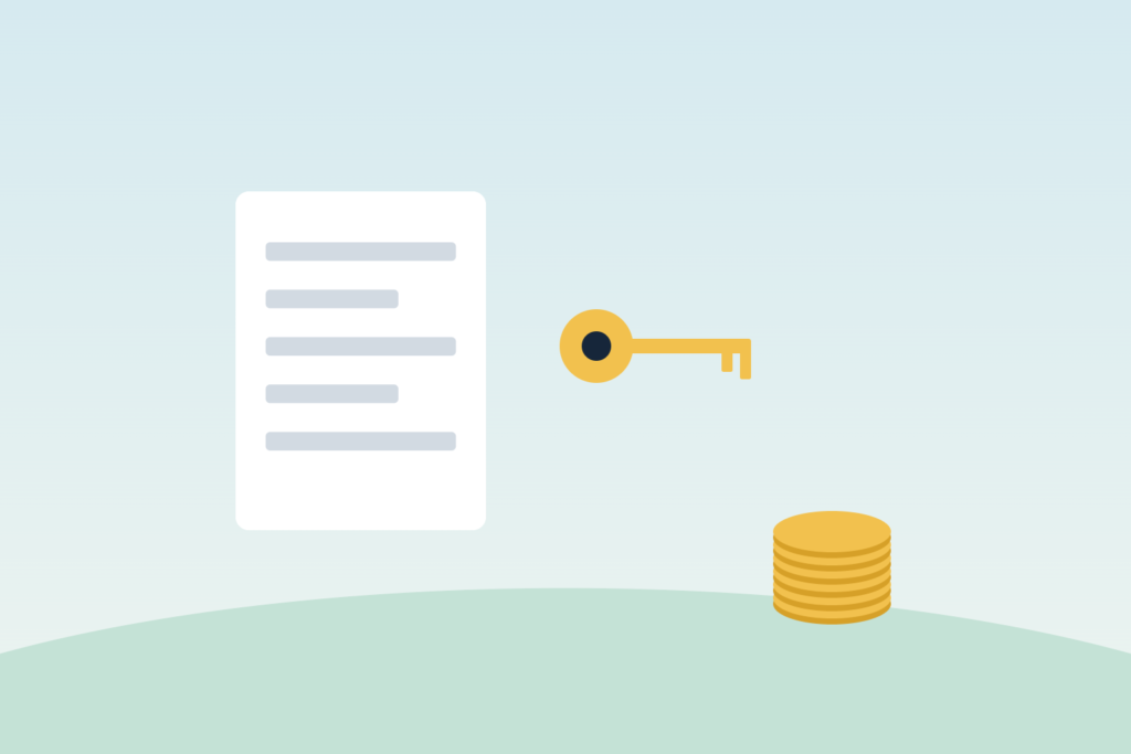 Illustration of a contract, a key and coins representing earnest money