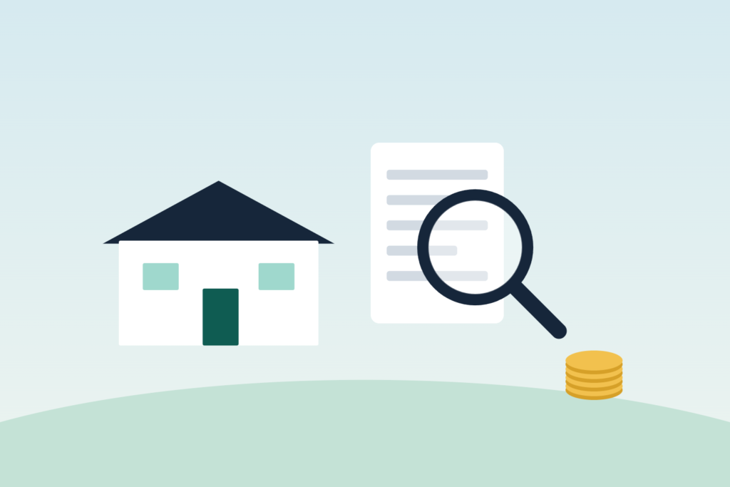 Illustration of a house, a document under a magnifying glass and coins representing hidden home buying costs