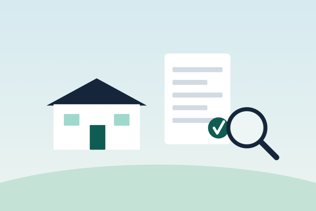 Illustration of a house, an approved contract and a magnifying glass representing purchase contingencies