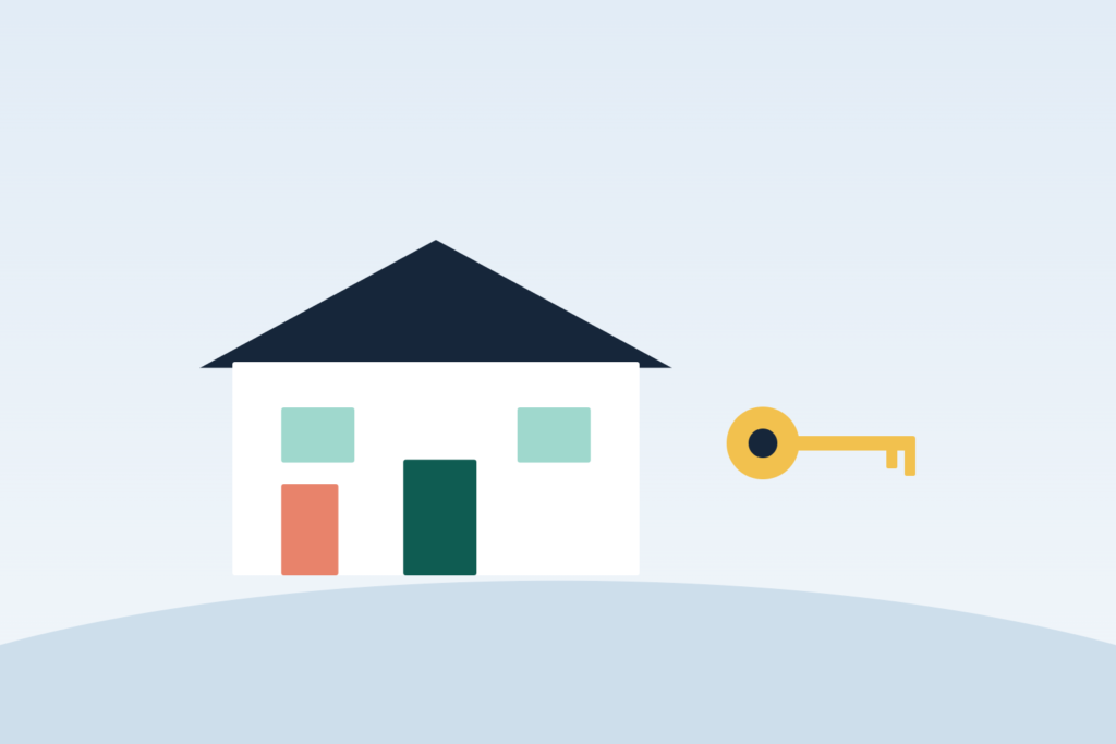 Illustration of a two-unit house and a key representing house hacking
