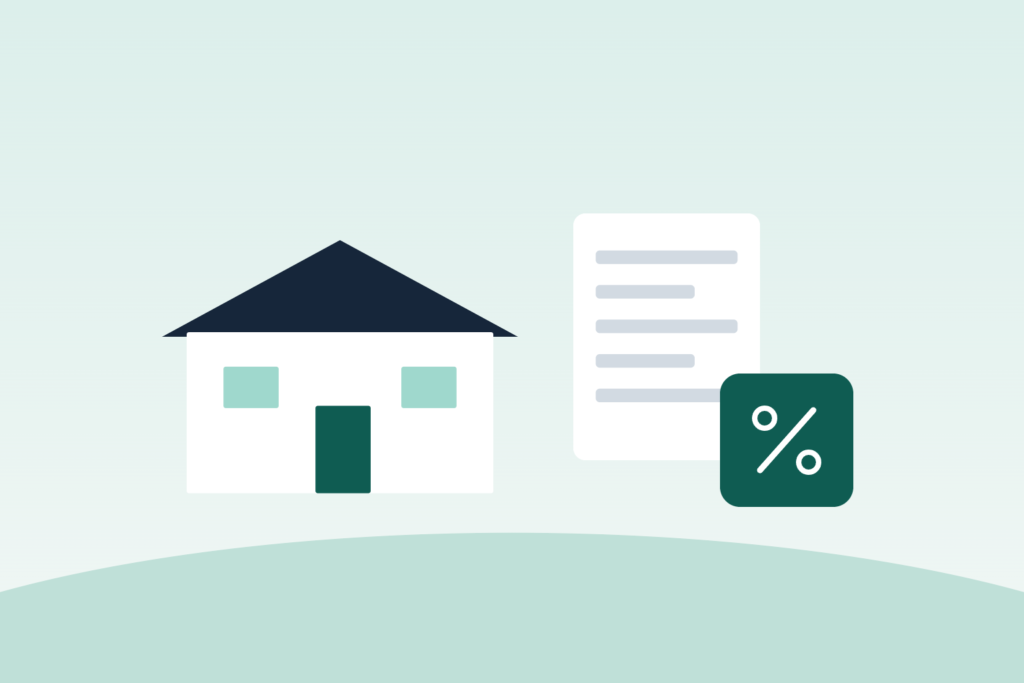 Illustration of a house, a loan document and a percent sign representing how a mortgage works