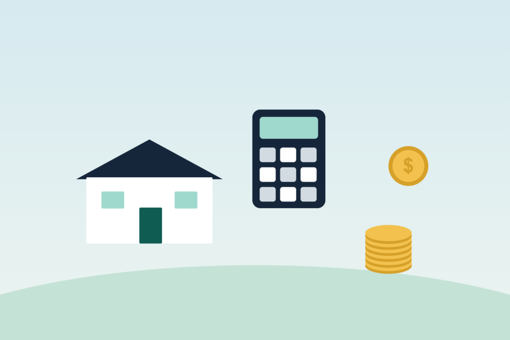 Illustration of a house, a calculator and coins representing the cash needed to buy a home