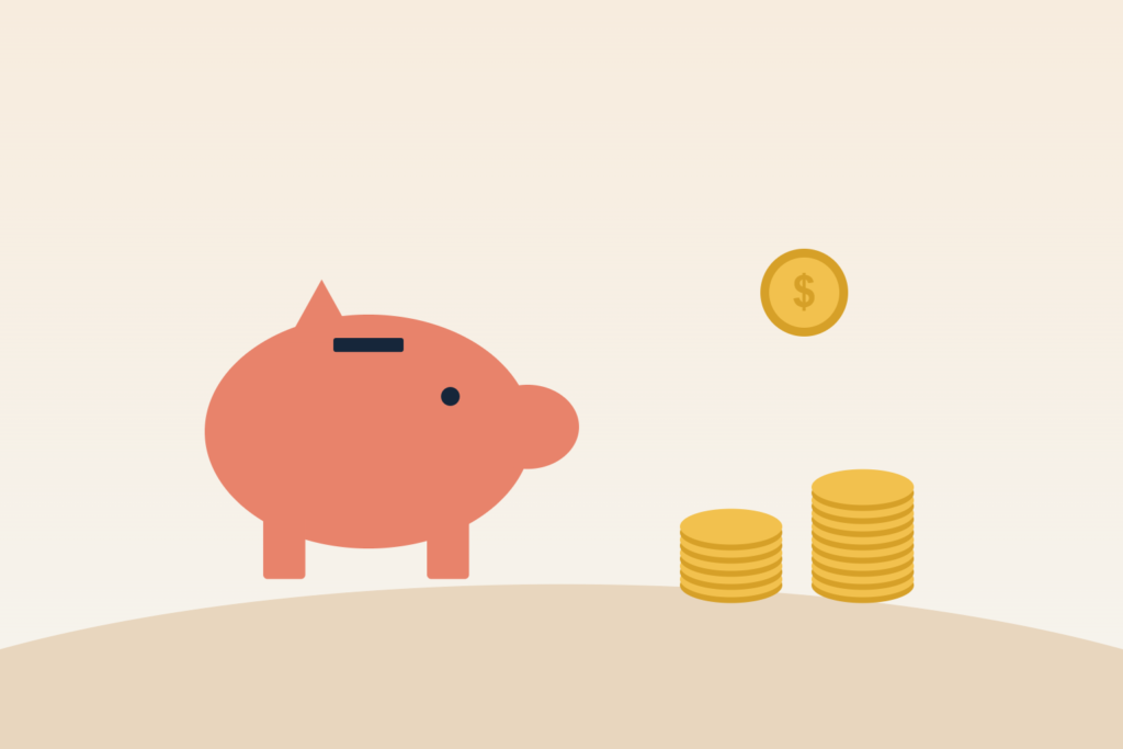 Illustration of a piggy bank and growing coin stacks representing monthly savings