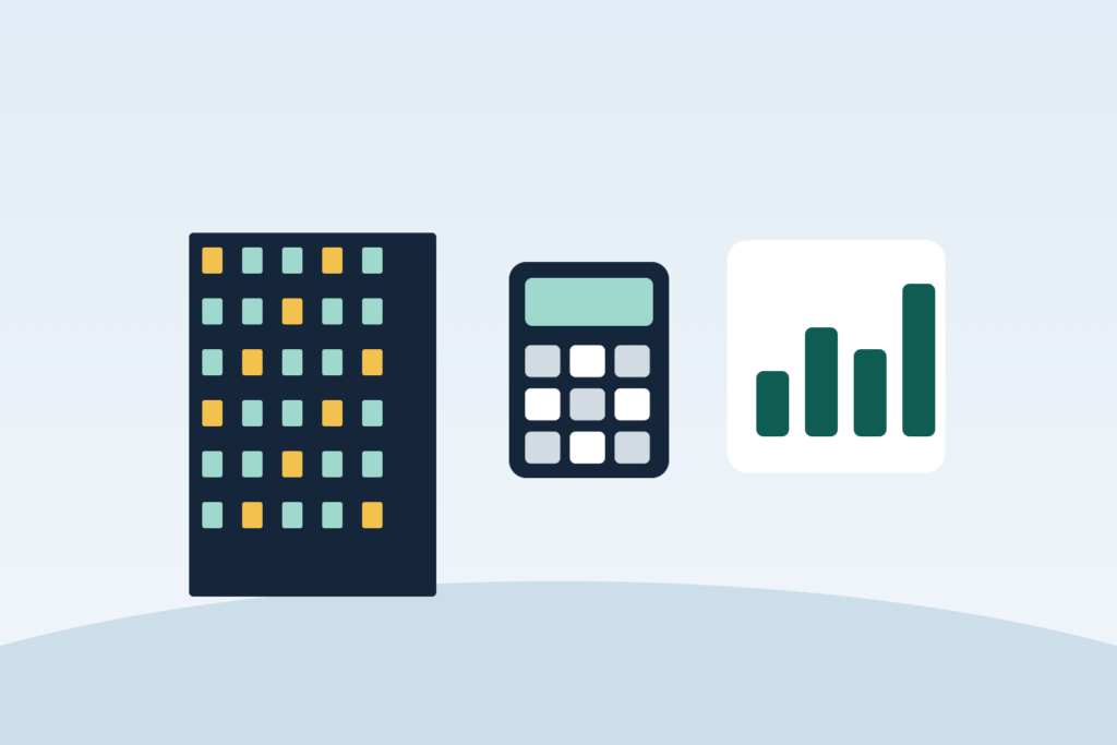 Illustration of a building, a calculator and a chart representing rental property analysis