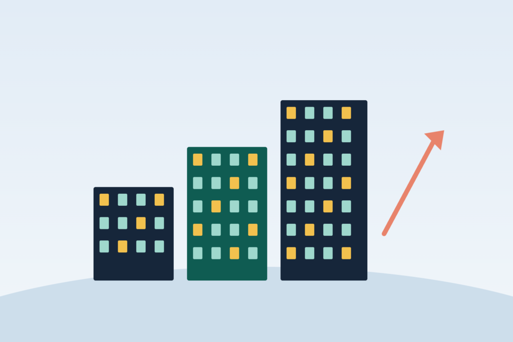 Illustration of three buildings growing in size representing a real estate portfolio