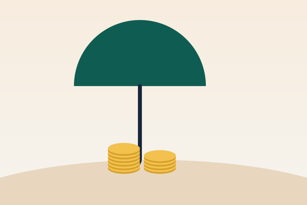 Illustration of an umbrella over coins representing an emergency fund