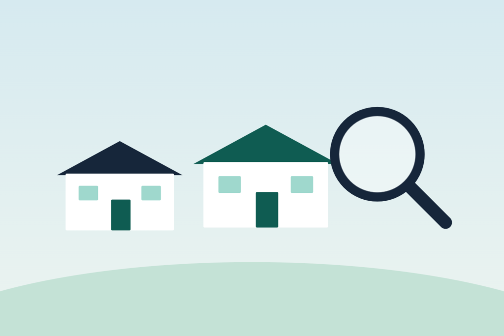 Illustration of two houses and a magnifying glass representing choosing a home