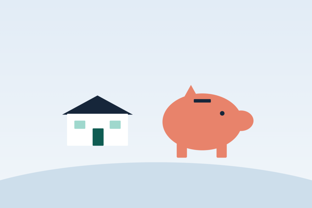 Illustration of a small house and a piggy bank representing investing in real estate with little money