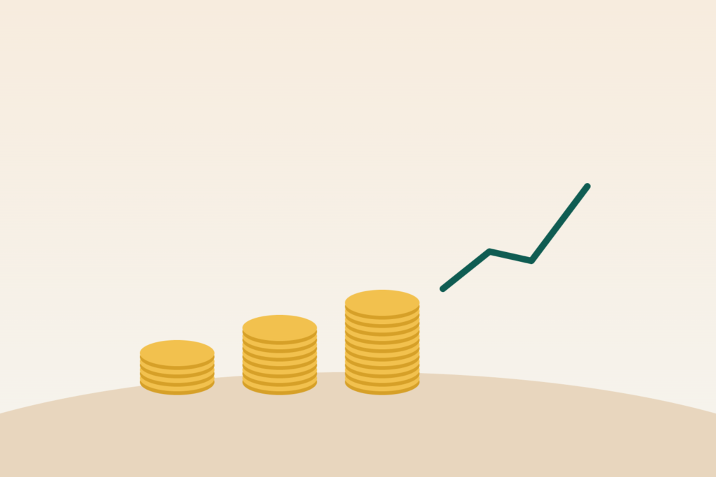 Illustration of growing coin stacks and a rising line representing starting to invest