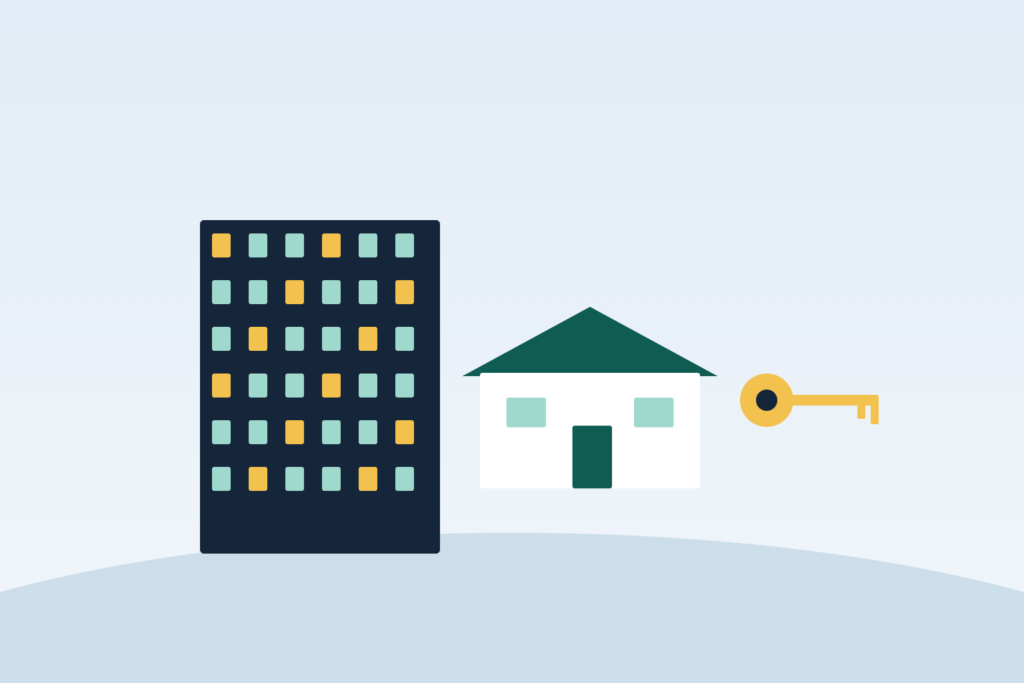 Illustration of buildings, a house and a key representing starting to invest in real estate