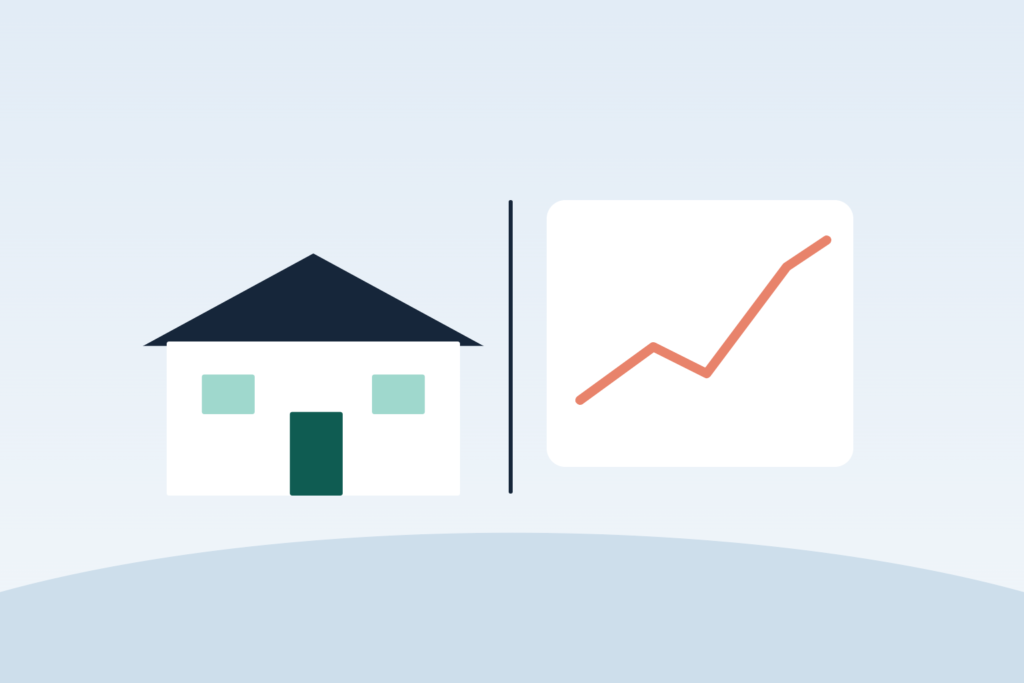 Illustration of a house next to a stock chart representing real estate versus stocks