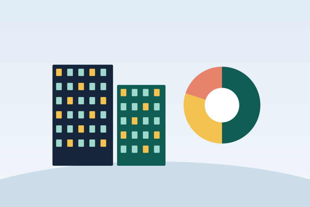 Illustration of buildings and a pie chart representing REITs