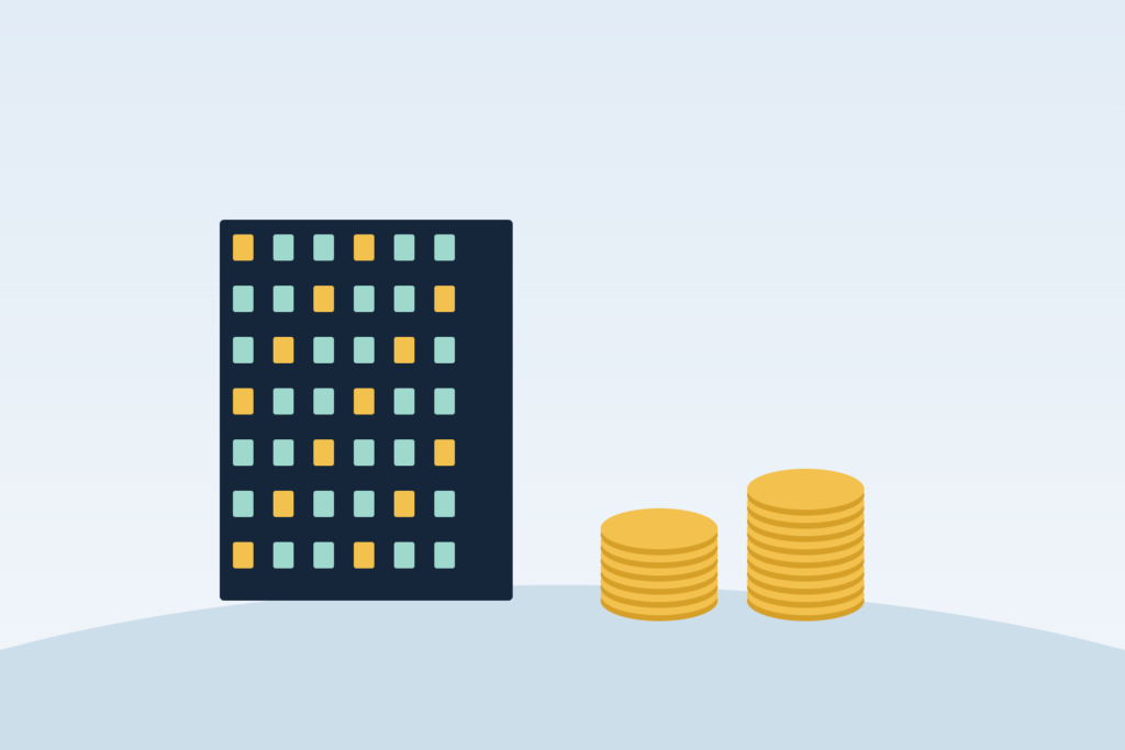 Illustration of an apartment building and coins representing rental property income