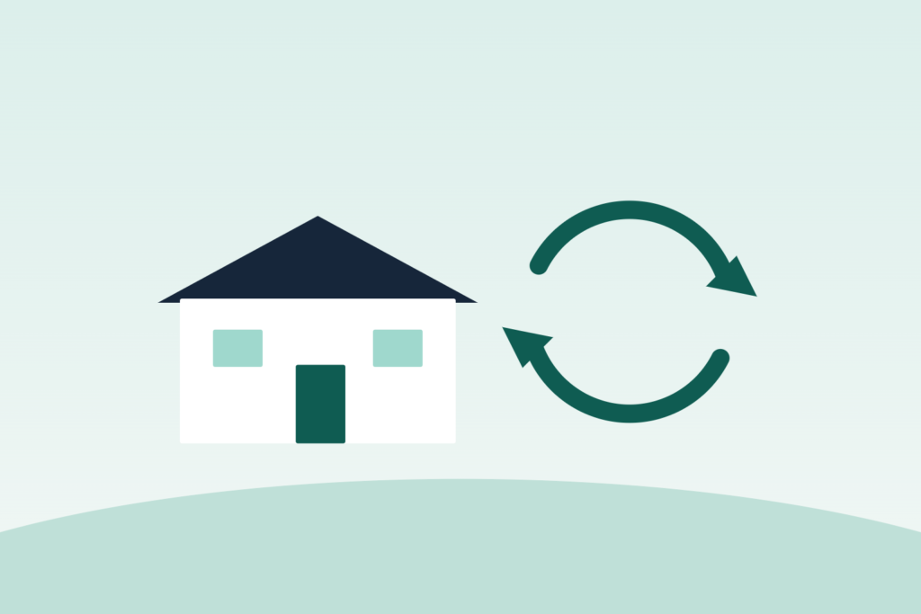 Illustration of a house and circular arrows representing refinancing a mortgage