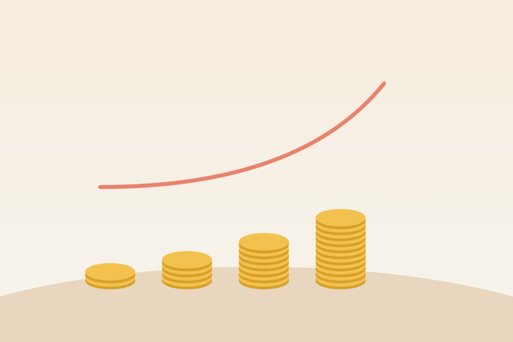 Illustration of coin stacks growing faster over time representing compound interest